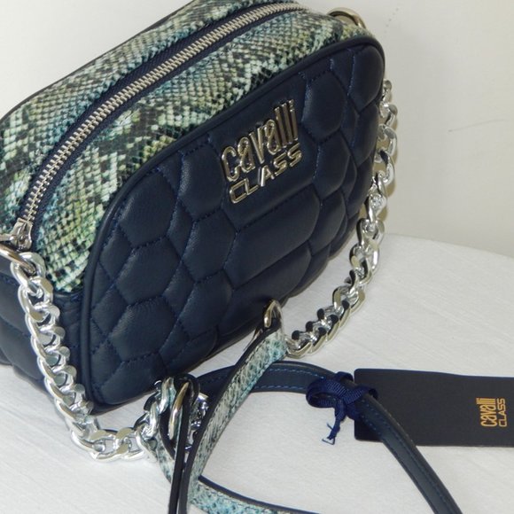 NWT CAVALLI CLASS Chain Link Python Print Top Dark Blue Small Cross-body Bag - Picture 5 of 13